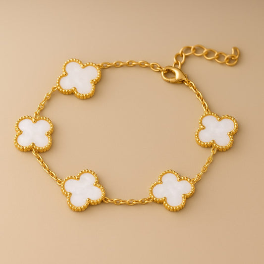 Pulseira 5 trevos branco feminino - Ouro